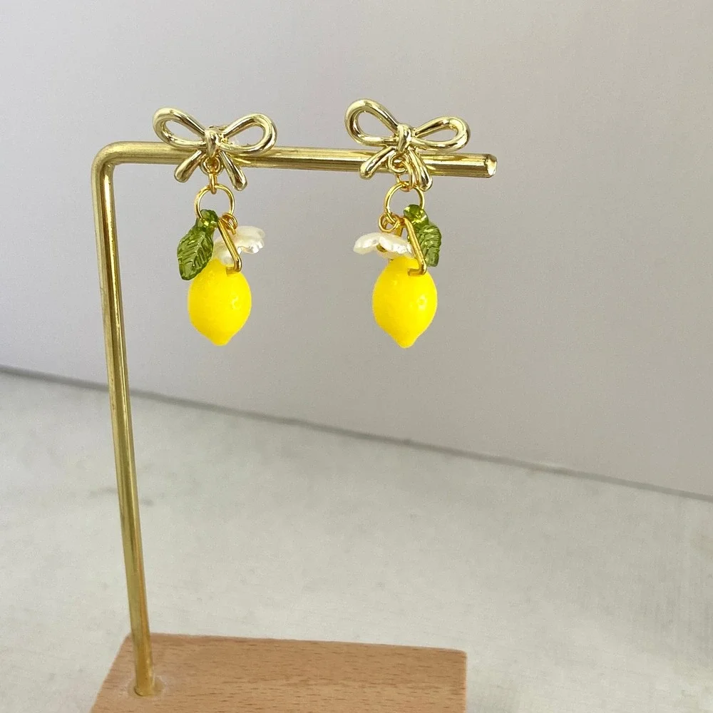 Lemon Fruit Flower‎ Blossom Gold Tone Bow Dangle Drop Earrings - Picture 5 of 10